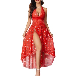 Avidlove Women Lingerie Deep V Neck Nightwear One Piece Sexy Nightgowns Mosaic Lace Mesh Dress(Red Christmas Print)