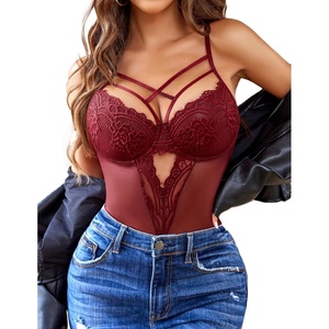 Avidlove Women Lingerie Floral Lace Harness Lingerie Bodysuit One Piece Teddy Babydoll Nightgown(Dark Red)
