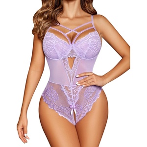 Avidlove Women Lingerie Floral Lace Harness Lingerie Bodysuit One Piece Teddy Babydoll Nightgown(Lilac)
