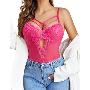 Avidlove Women Lingerie Floral Lace Harness Lingerie Bodysuit One Piece Teddy Babydoll Nightgown(Rose Red)