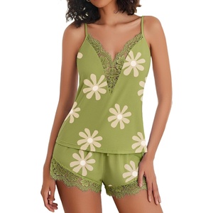 Avidlove Women Pajama Set Lace Trim Short PJ Set Modal V Neck Sleeveless Sleepwear Drawstring Waist Nightwear S-XXL(Floral Green)
