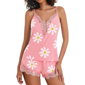 Avidlove Women Pajama Set Lace Trim Short PJ Set Modal V Neck Sleeveless Sleepwear Drawstring Waist Nightwear S-XXL(Floral Pink)