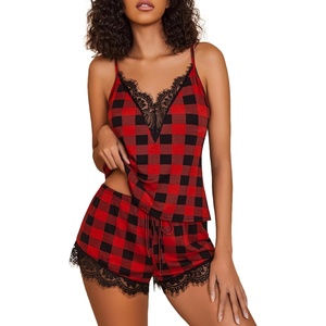 Avidlove Women Pajama Set Lace Trim Short PJ Set Modal V Neck Sleeveless Sleepwear Drawstring Waist Nightwear S-XXL(Red Plaid)