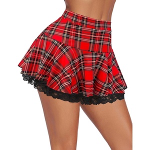 Avidlove Women Pleated Mini Skirt Sexy Lace Ruffle Solid Skirt Lingerie Short Skirts(Red Plaid)