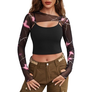 Avidlove Women Sexy Long Sleeve Mesh Crop Top Solid Cover Up with Spaghetti Strap Cami Top 2 Pieces Clubwear with Thumb Holes(Black Pattern 2)