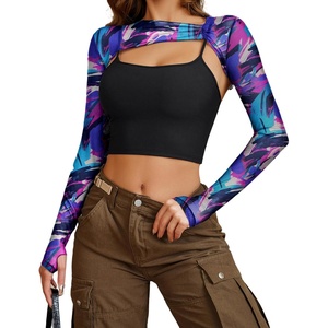 Avidlove Women Sexy Long Sleeve Mesh Crop Top Solid Cover Up with Spaghetti Strap Cami Top 2 Pieces Clubwear with Thumb Holes(Blue Purple Pattern 1)