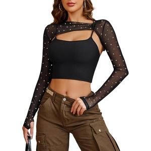 Avidlove Women Sexy Long Sleeve Mesh Crop Top Solid Cover Up with Spaghetti Strap Cami Top 2 Pieces Clubwear with Thumb Holes(Gold Star Print)