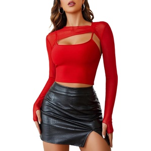 Avidlove Women Sexy Long Sleeve Mesh Crop Top Solid Cover Up with Spaghetti Strap Cami Top 2 Pieces Clubwear with Thumb Holes(Red)