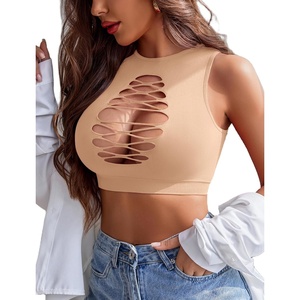 Avidlove Women’s Fishnet Top Sexy Cut Out Crop Short Hollow Out Cropped Tank Top(S M L)(Champagne)