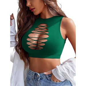 Avidlove Women’s Fishnet Top Sexy Cut Out Crop Short Hollow Out Cropped Tank Top(S M L)(Dark Green)