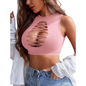 Avidlove Women’s Fishnet Top Sexy Cut Out Crop Short Hollow Out Cropped Tank Top(S M L)(Pink)