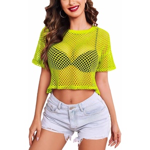 Avidlove Women’s Sheer Fishnet Top Sexy Short Sleeves Net T Shirts Crop Top(Neon Yellow)