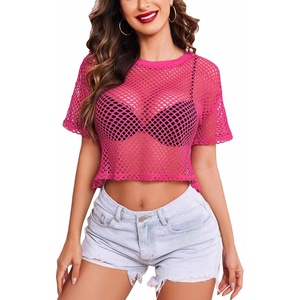 Avidlove Women’s Sheer Fishnet Top Sexy Short Sleeves Net T Shirts Crop Top(Rose)