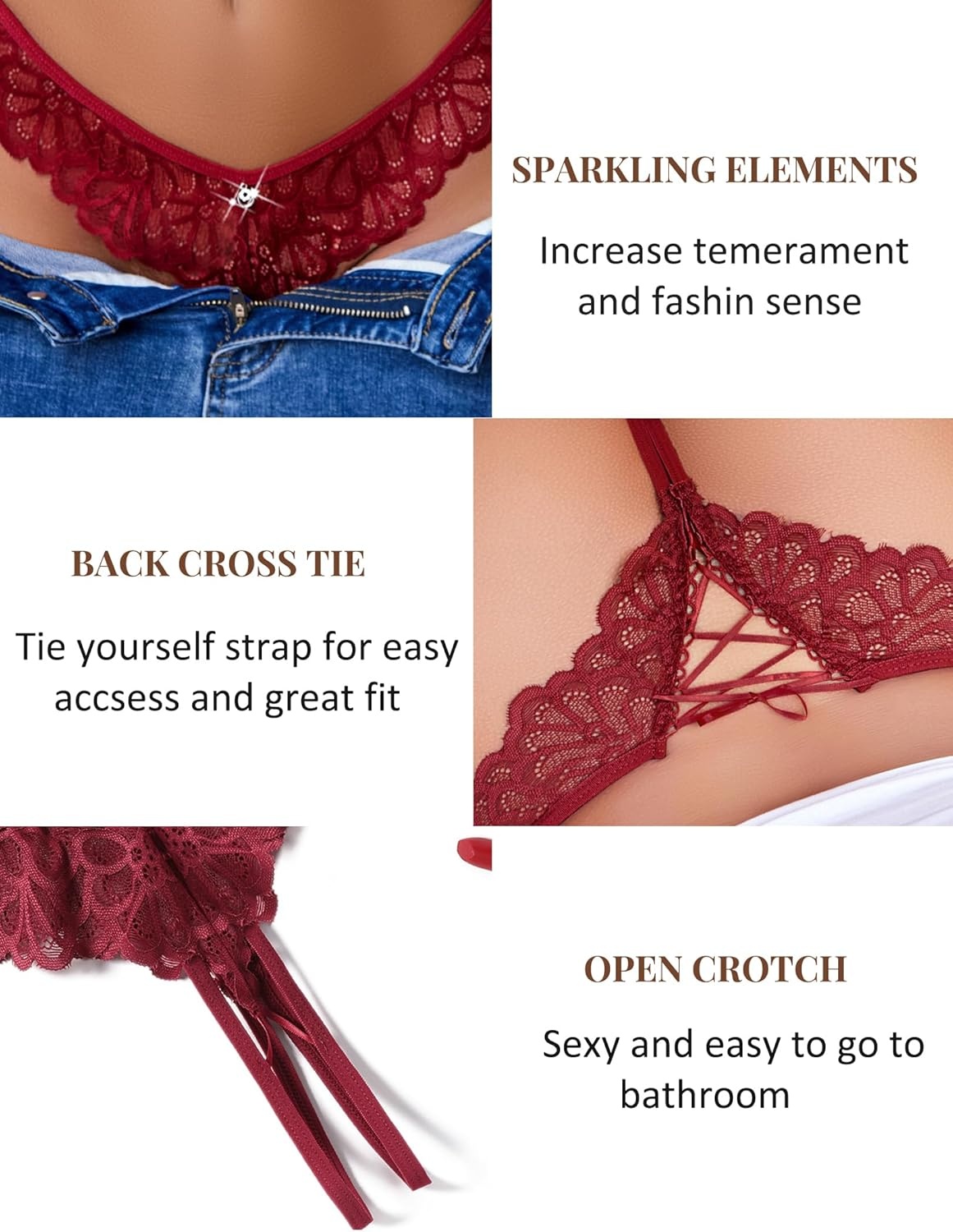 image:imageAvidlove Lace Panties Womens Sexy Bikini Underwear Criss Corss Thong Briefs VShape Cheeky Hipster SXXLWine Red