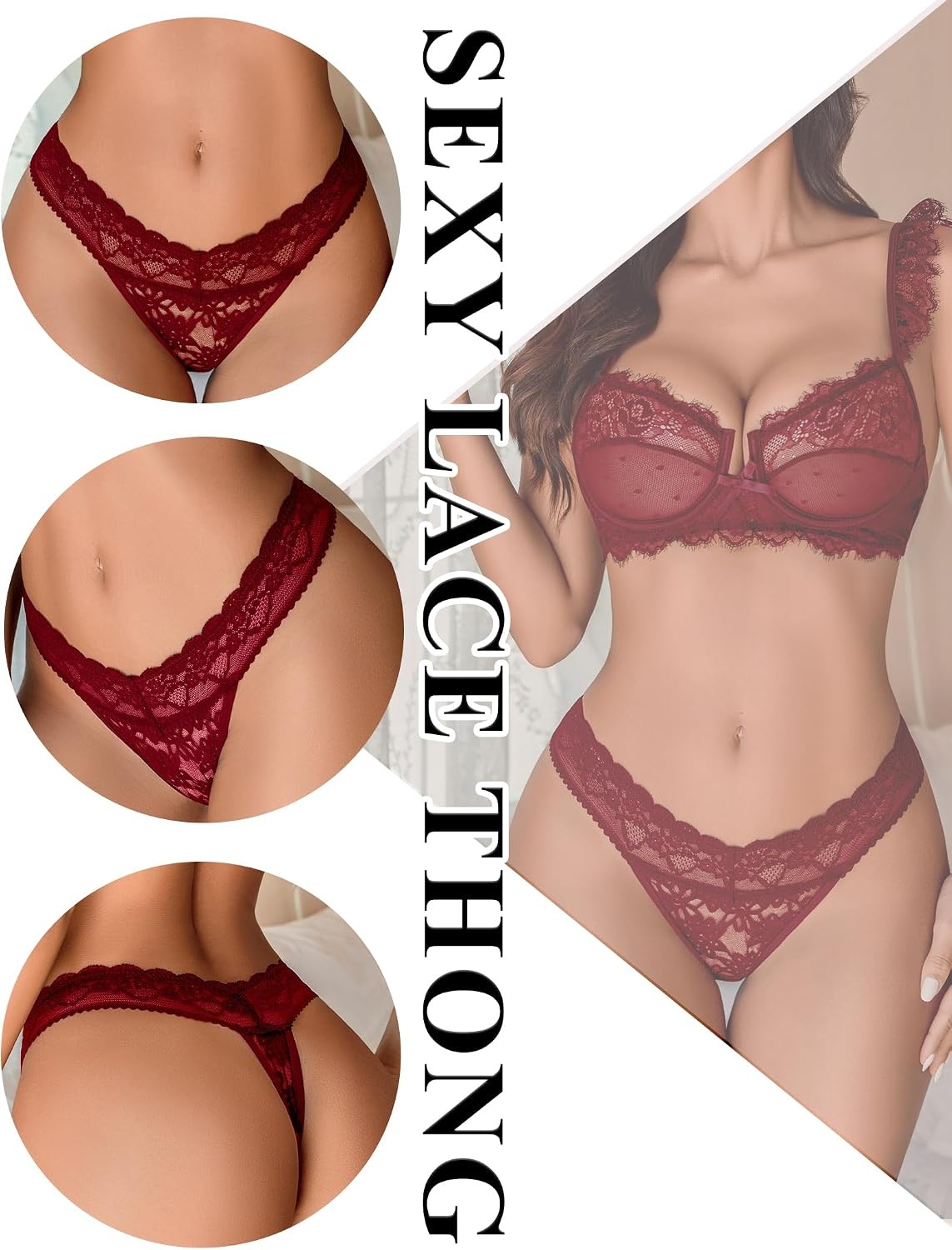 image:imageAvidlove Thongs for Women Lace Sexy Panties Low Waist Brazilian Underwear Sexy lace lingerie pantiesTback thongslow rise bikini underwearbreathable for dating or daliy wearWine Red
