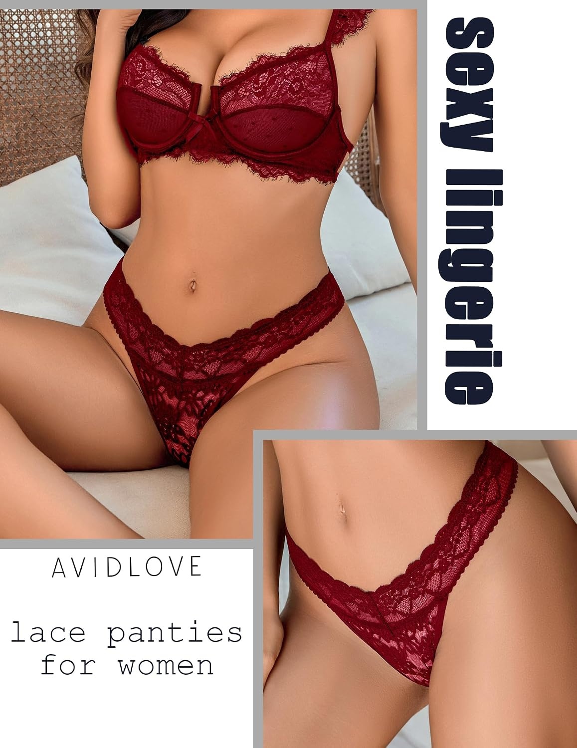 image:imageAvidlove Thongs for Women Lace Sexy Panties Low Waist Brazilian Underwear Sexy lace lingerie pantiesTback thongslow rise bikini underwearbreathable for dating or daliy wearWine Red