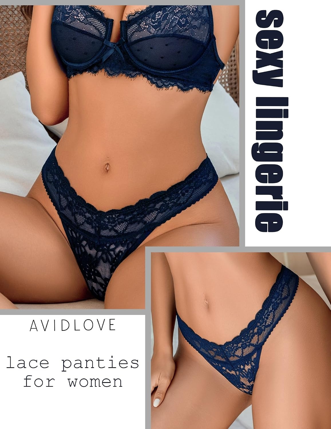 image:imageAvidlove Thongs for Women Lace Sexy Panties Low Waist Brazilian Underwear Sexy lace lingerie pantiesTback thongslow rise bikini underwearbreathable for dating or daliy wearNavy Blue