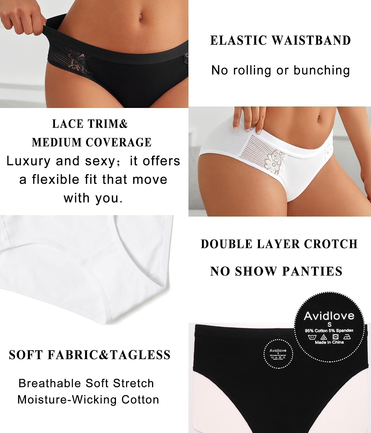 image:imageAvidlove Women Cotton Underwear Lace Hipster Brief Panties Ladies Stretch Underpants MultipackBlackBlueVioletChampagne