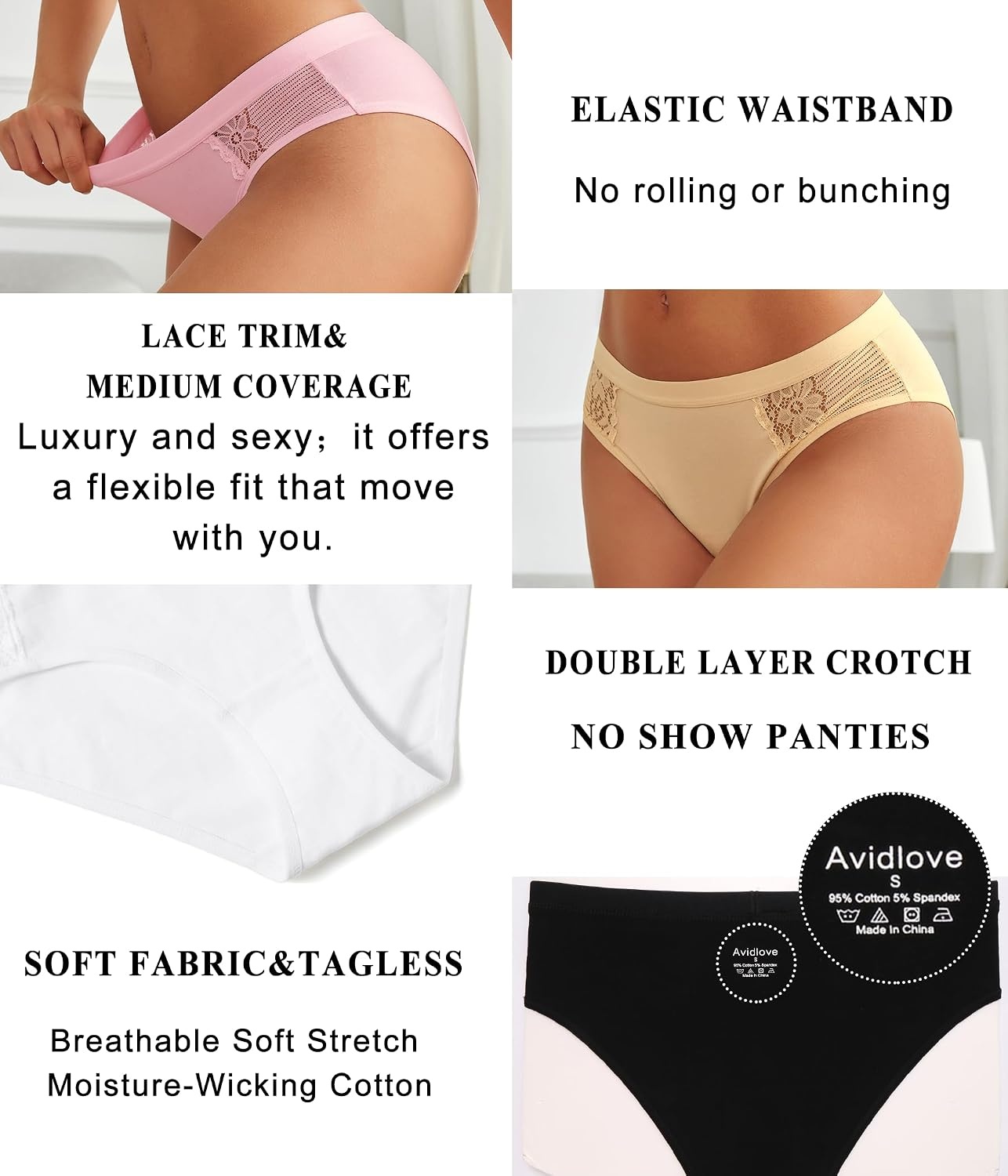 image:imageAvidlove Women Cotton Underwear Lace Hipster Brief Panties Ladies Stretch Underpants MultipackBlackWhitePinkChampagne 2