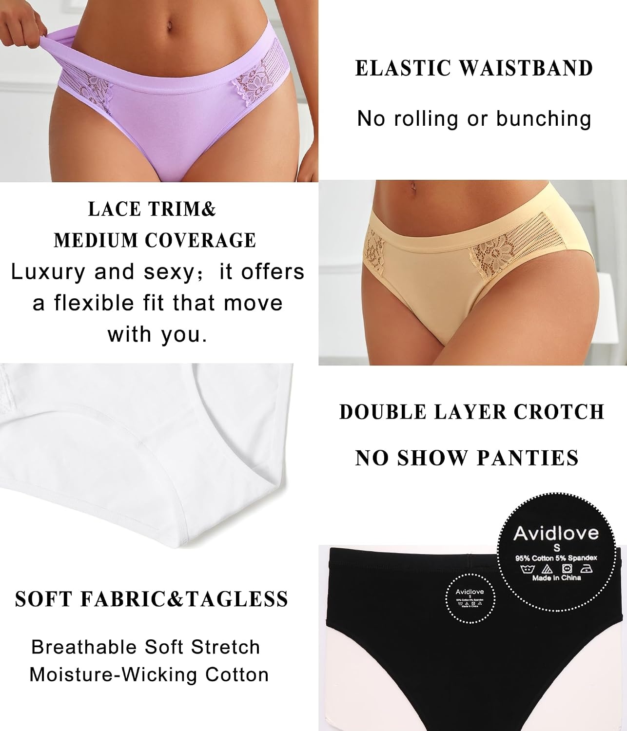 image:imageAvidlove Women Cotton Underwear Lace Hipster Brief Panties Ladies Stretch Underpants MultipackBlackWhiteVioletChampagne 2