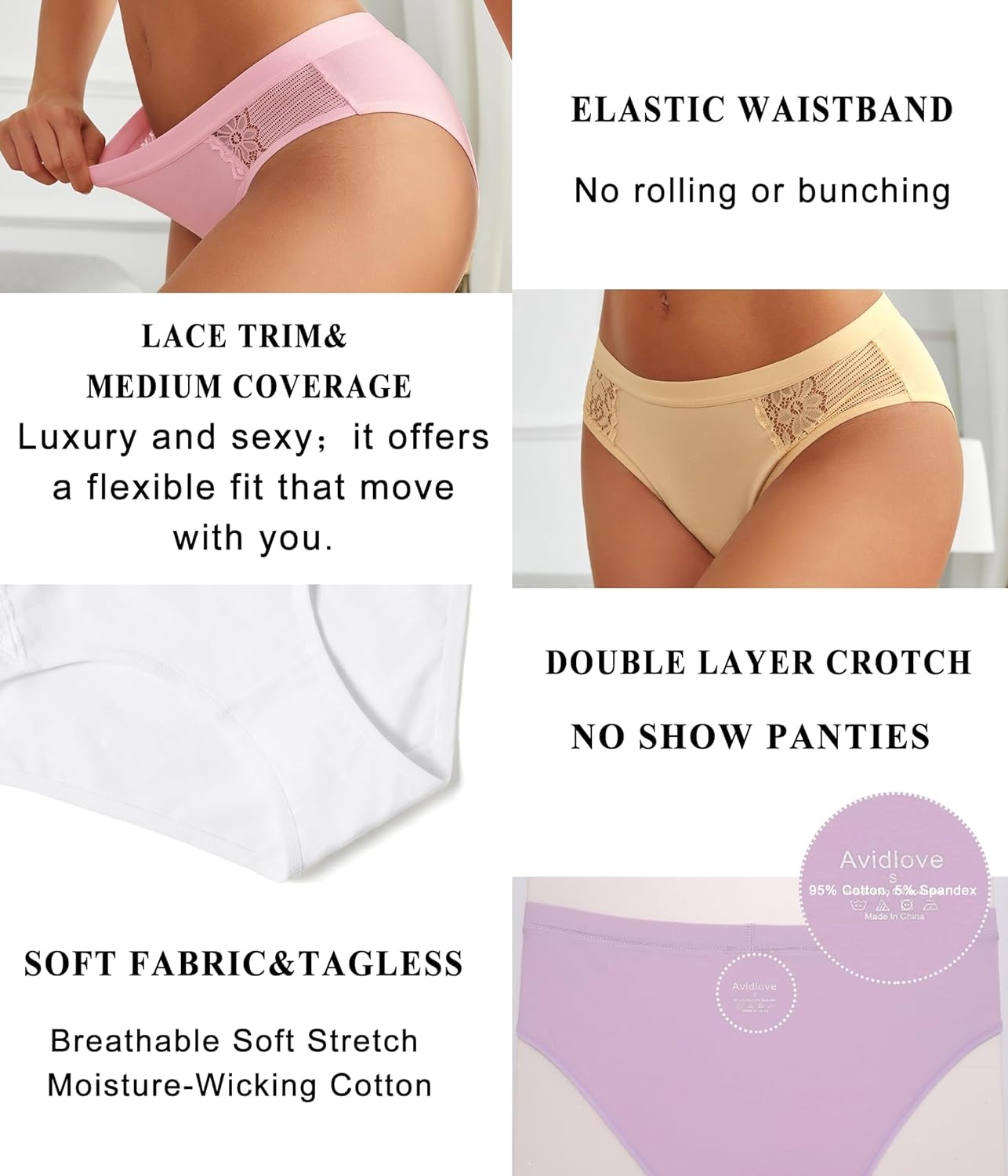 image:imageAvidlove Women Cotton Underwear Lace Hipster Brief Panties Ladies Stretch Underpants MultipackWhitePinkVioletChampagne