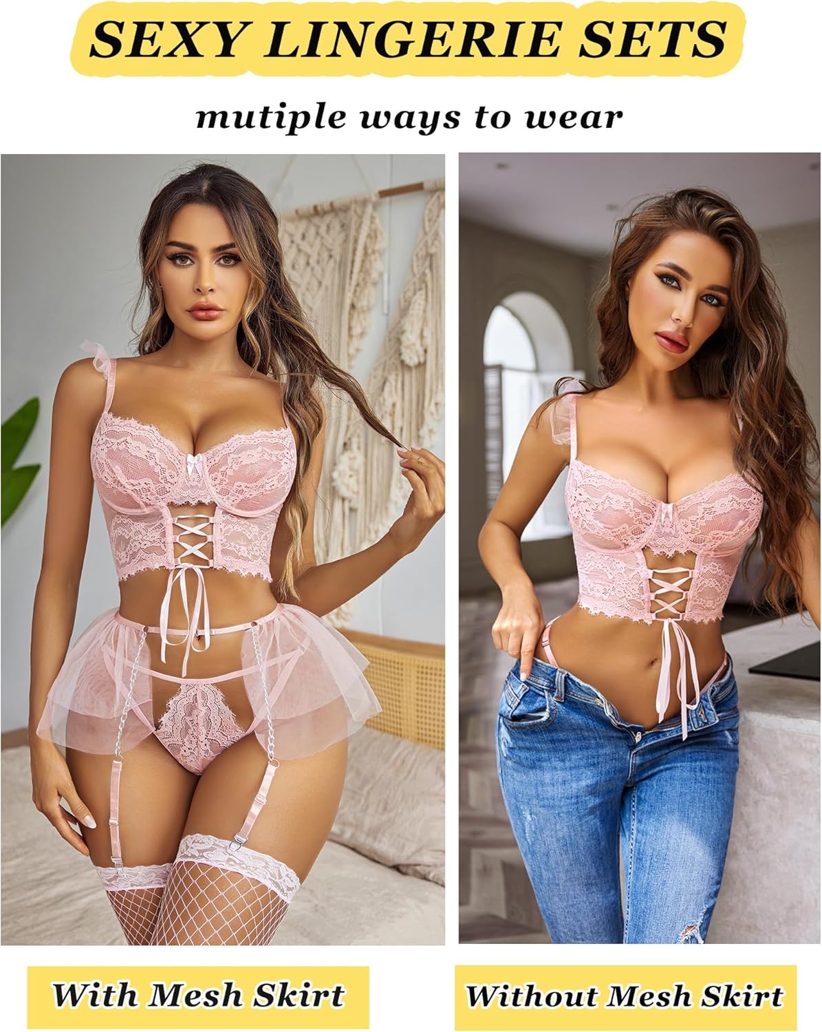 image:imageAvidlove Womens Garter Lingerie Sets Valentine 3 Piece Underwire Sexy Bra and Panty Set With Mesh Mini Skirts SXXL0pink
