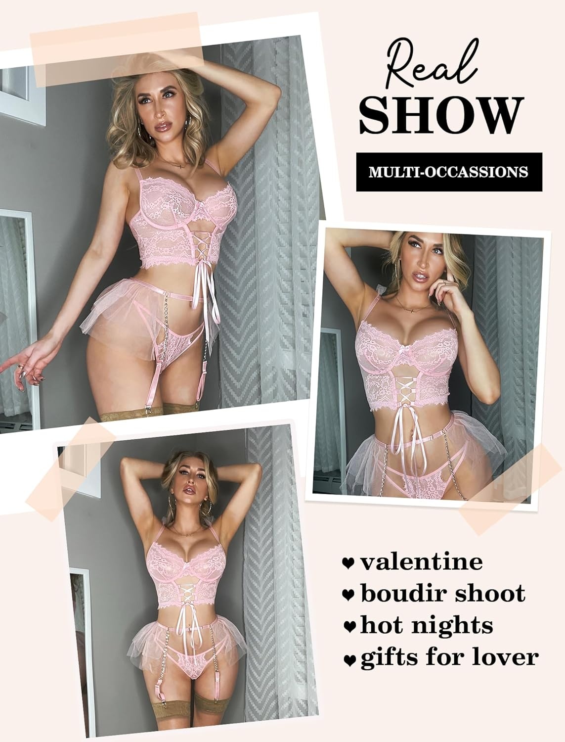 image:imageAvidlove Womens Garter Lingerie Sets Valentine 3 Piece Underwire Sexy Bra and Panty Set With Mesh Mini Skirts SXXL0pink