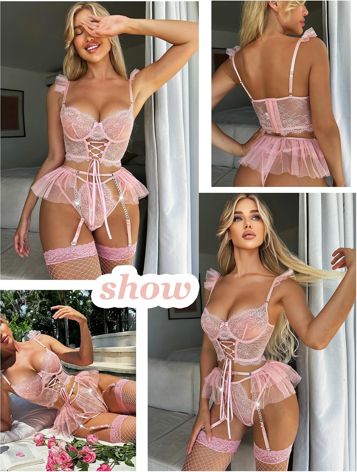 image:imageAvidlove Womens Garter Lingerie Sets Valentine 3 Piece Underwire Sexy Bra and Panty Set With Mesh Mini Skirts SXXL0pink
