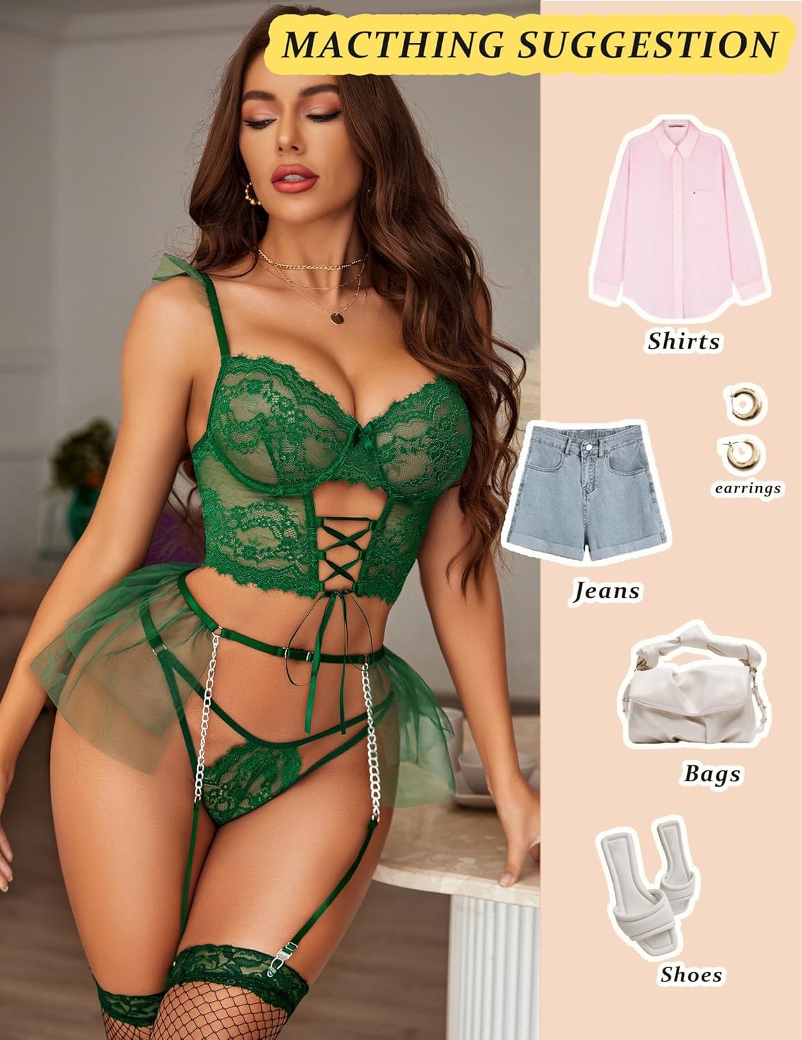 image:imageAvidlove Womens Garter Lingerie Sets Valentine 3 Piece Underwire Sexy Bra and Panty Set With Mesh Mini Skirts SXXLGreen