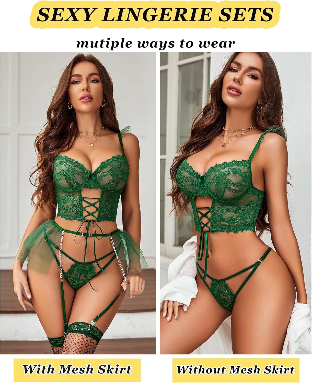 image:imageAvidlove Womens Garter Lingerie Sets Valentine 3 Piece Underwire Sexy Bra and Panty Set With Mesh Mini Skirts SXXLGreen