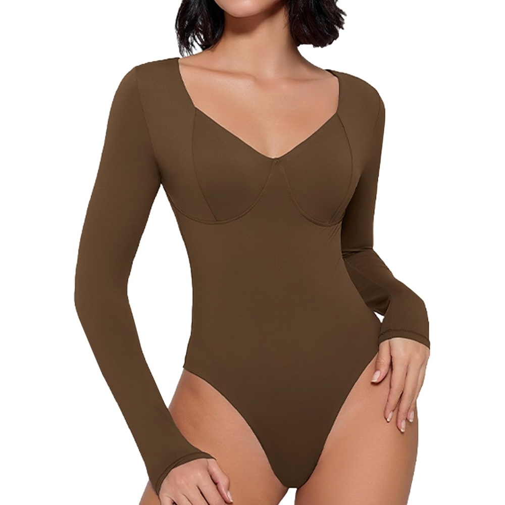 image:imageAvidlove Bodysuit for Women Long Sleeve Double Lined Tank Top V Neck Bodysuit Tummy Control ShapewearBrown