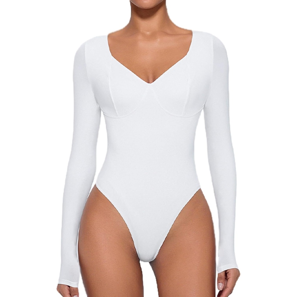 image:imageAvidlove Bodysuit for Women Long Sleeve Double Lined Tank Top V Neck Bodysuit Tummy Control ShapewearWhite