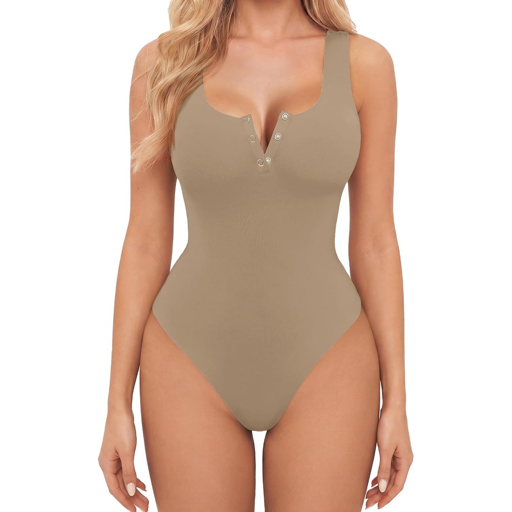 image:imageAvidlove Bodysuits for Women Button Down Square Neck Sleeveless Body Suit Snap Closure Double Lined Tank Tops BodysuitKhaki