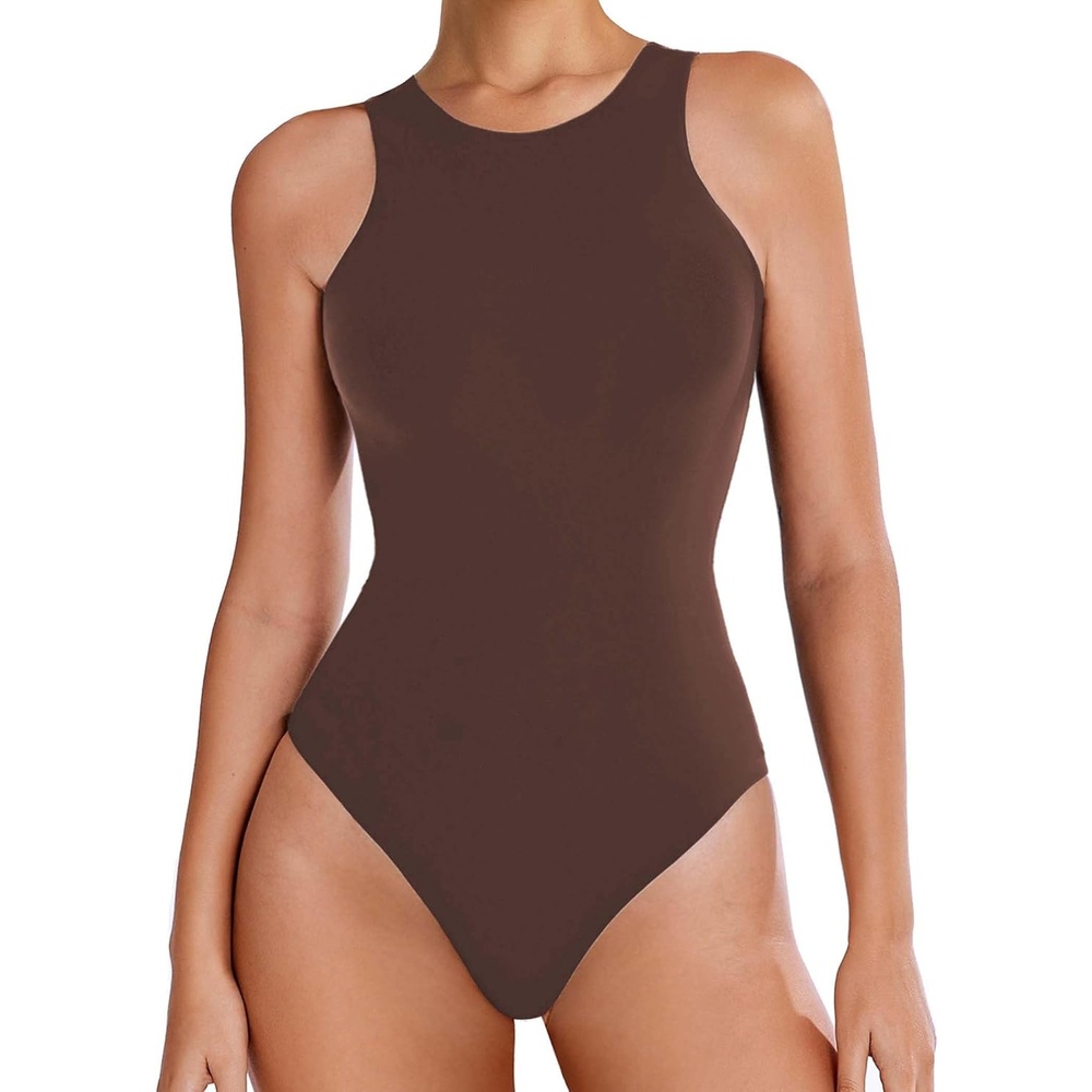 image:imageAvidlove Bodysuits for Women Crew Neck Sleeveless Body Suits Snap Closure Double Lined Tank Tops BodysuitBrown
