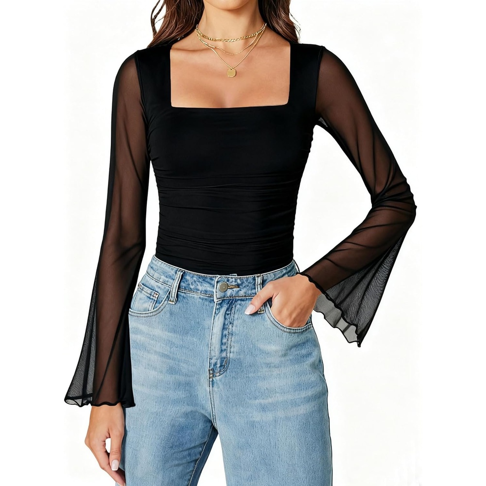 image:imageAvidlove Bodysuits for Women Long Bell Sleeve Mesh Square Neck Body Suits Going Out Tops Country Concert OutfitsBlack