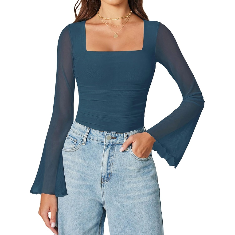 image:imageAvidlove Bodysuits for Women Long Bell Sleeve Mesh Square Neck Body Suits Going Out Tops Country Concert OutfitsDark Blue