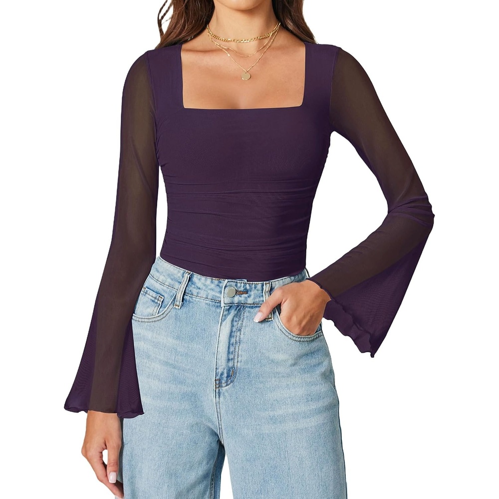 image:imageAvidlove Bodysuits for Women Long Bell Sleeve Mesh Square Neck Body Suits Going Out Tops Country Concert OutfitsDark Purple