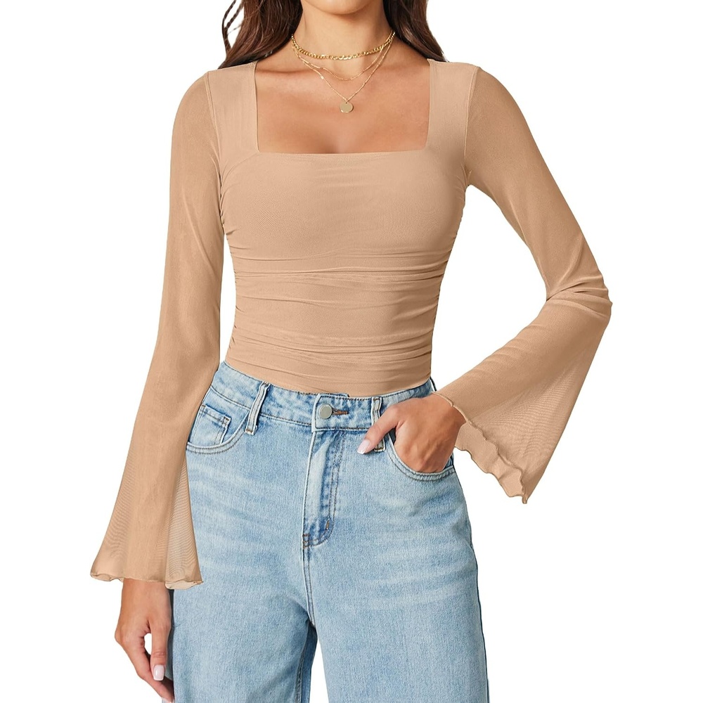 image:imageAvidlove Bodysuits for Women Long Bell Sleeve Mesh Square Neck Body Suits Going Out Tops Country Concert OutfitsKhaki