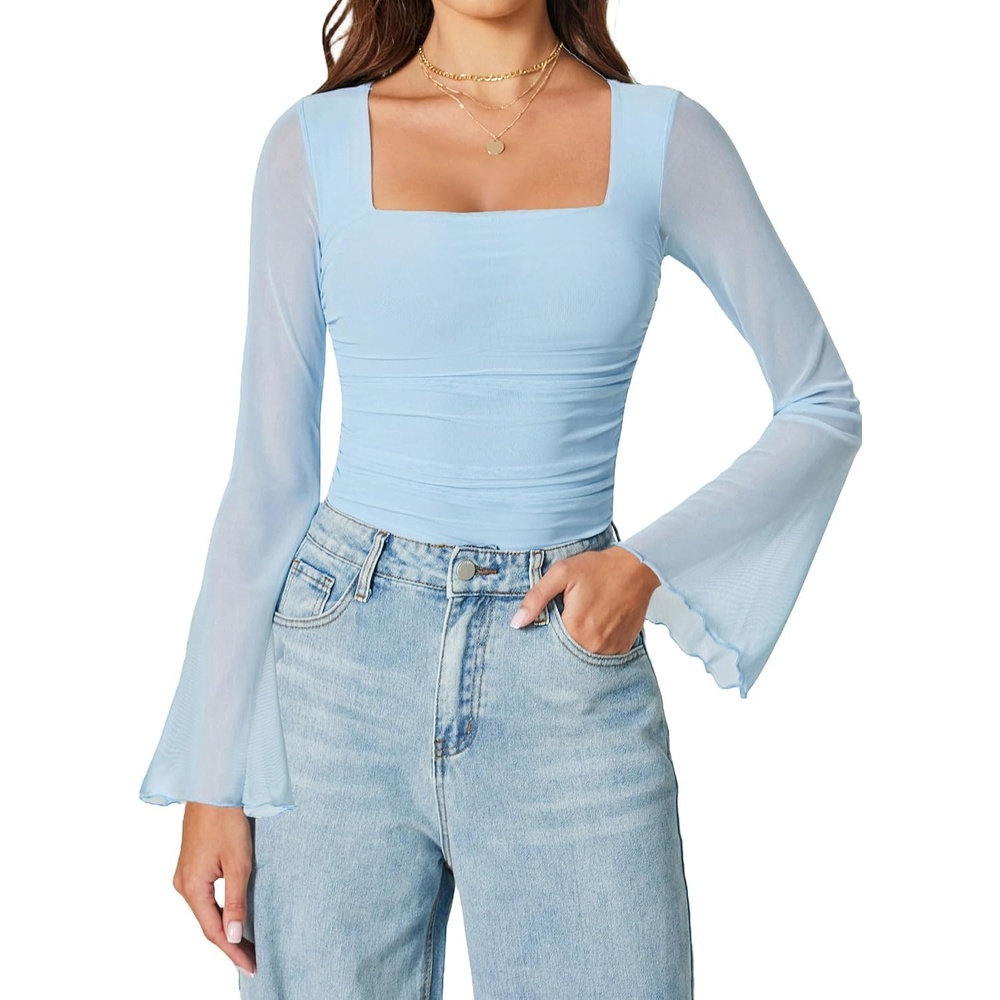 image:imageAvidlove Bodysuits for Women Long Bell Sleeve Mesh Square Neck Body Suits Going Out Tops Country Concert OutfitsLight Blue