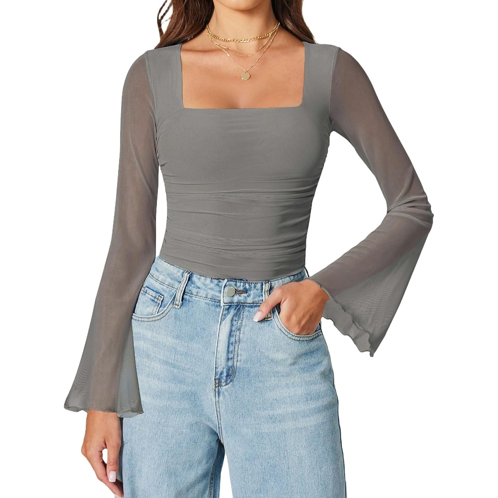 image:imageAvidlove Bodysuits for Women Long Bell Sleeve Mesh Square Neck Body Suits Going Out Tops Country Concert OutfitsLight Grey