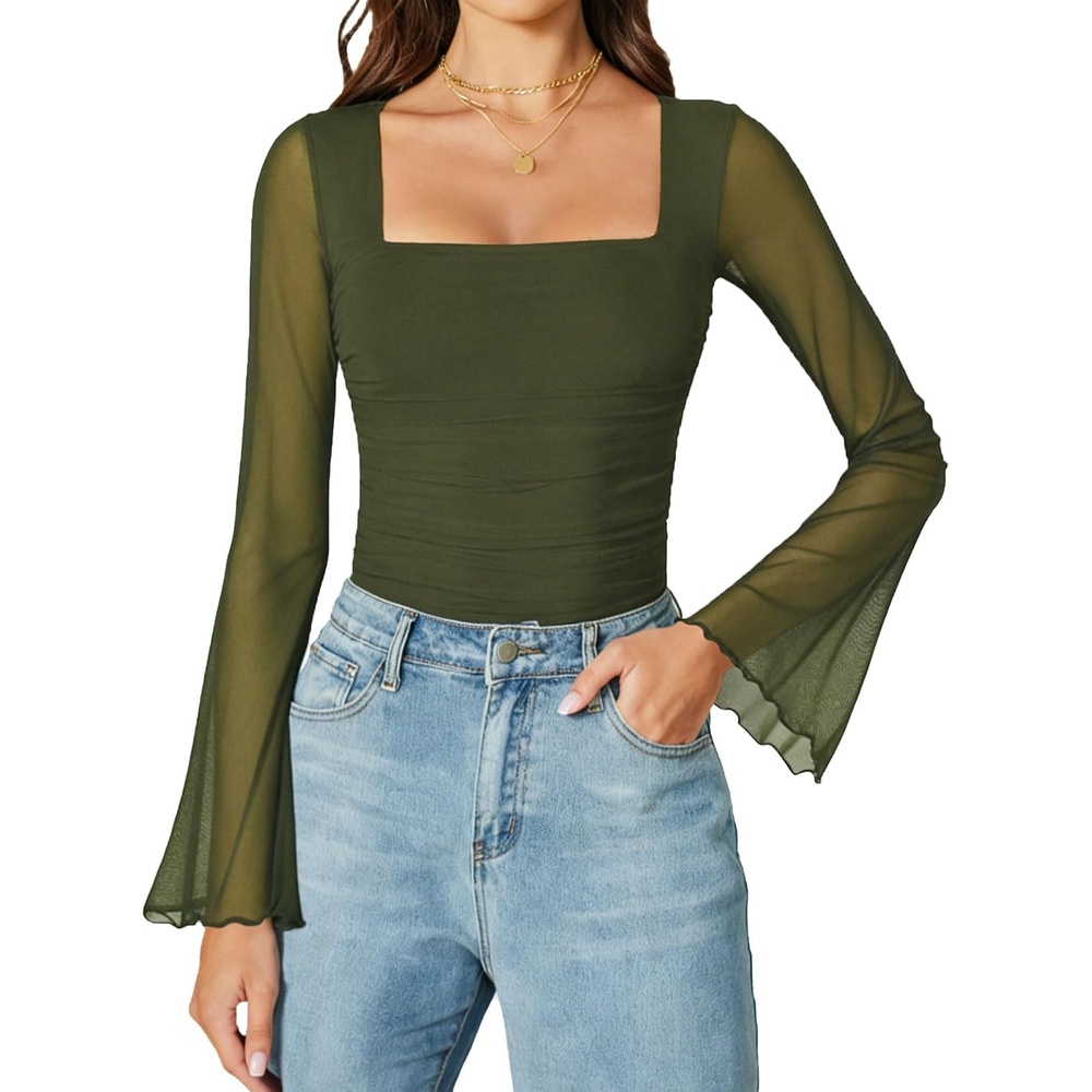 image:imageAvidlove Bodysuits for Women Long Bell Sleeve Mesh Square Neck Body Suits Going Out Tops Country Concert OutfitsOlive Green