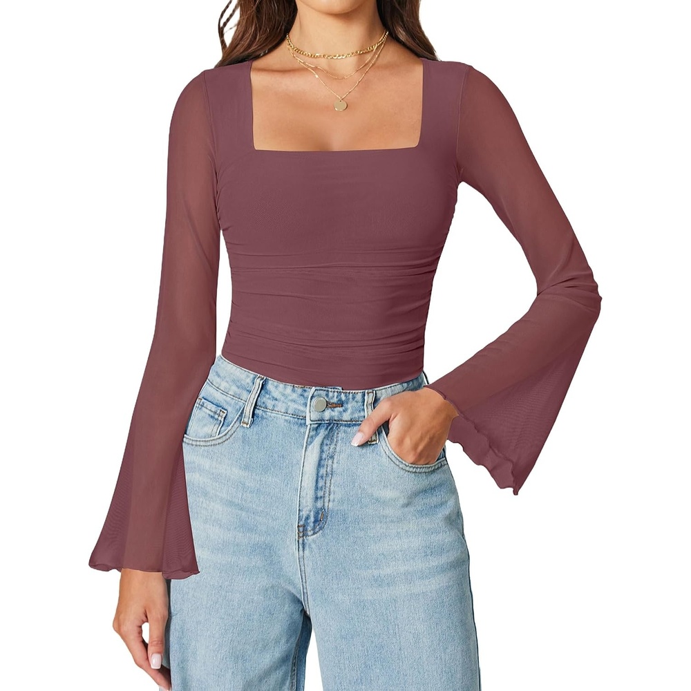 image:imageAvidlove Bodysuits for Women Long Bell Sleeve Mesh Square Neck Body Suits Going Out Tops Country Concert OutfitsPurple Red