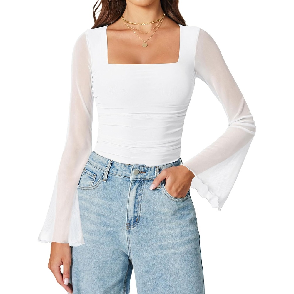 image:imageAvidlove Bodysuits for Women Long Bell Sleeve Mesh Square Neck Body Suits Going Out Tops Country Concert OutfitsWhite