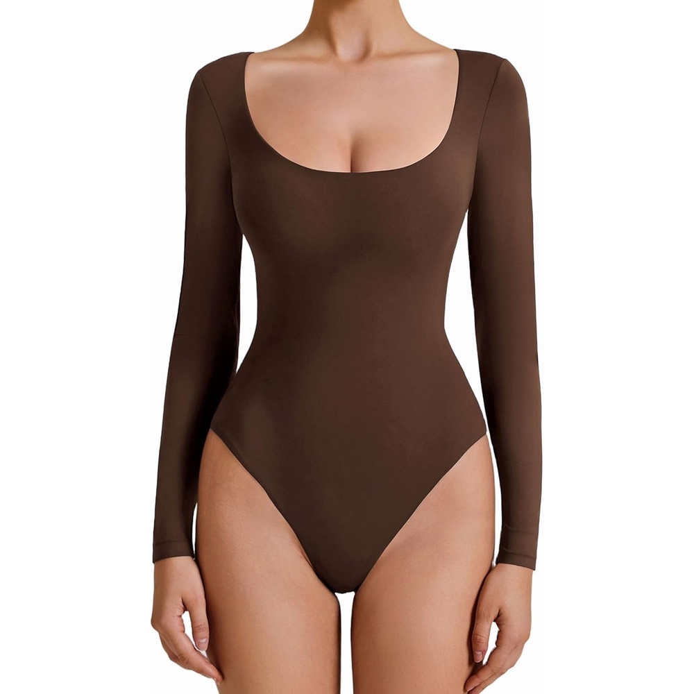 image:imageAvidlove Bodysuits for Women Long Sleeve Body Suits Womens Scoop Neck Bodysuit Double Lined TopsBrown
