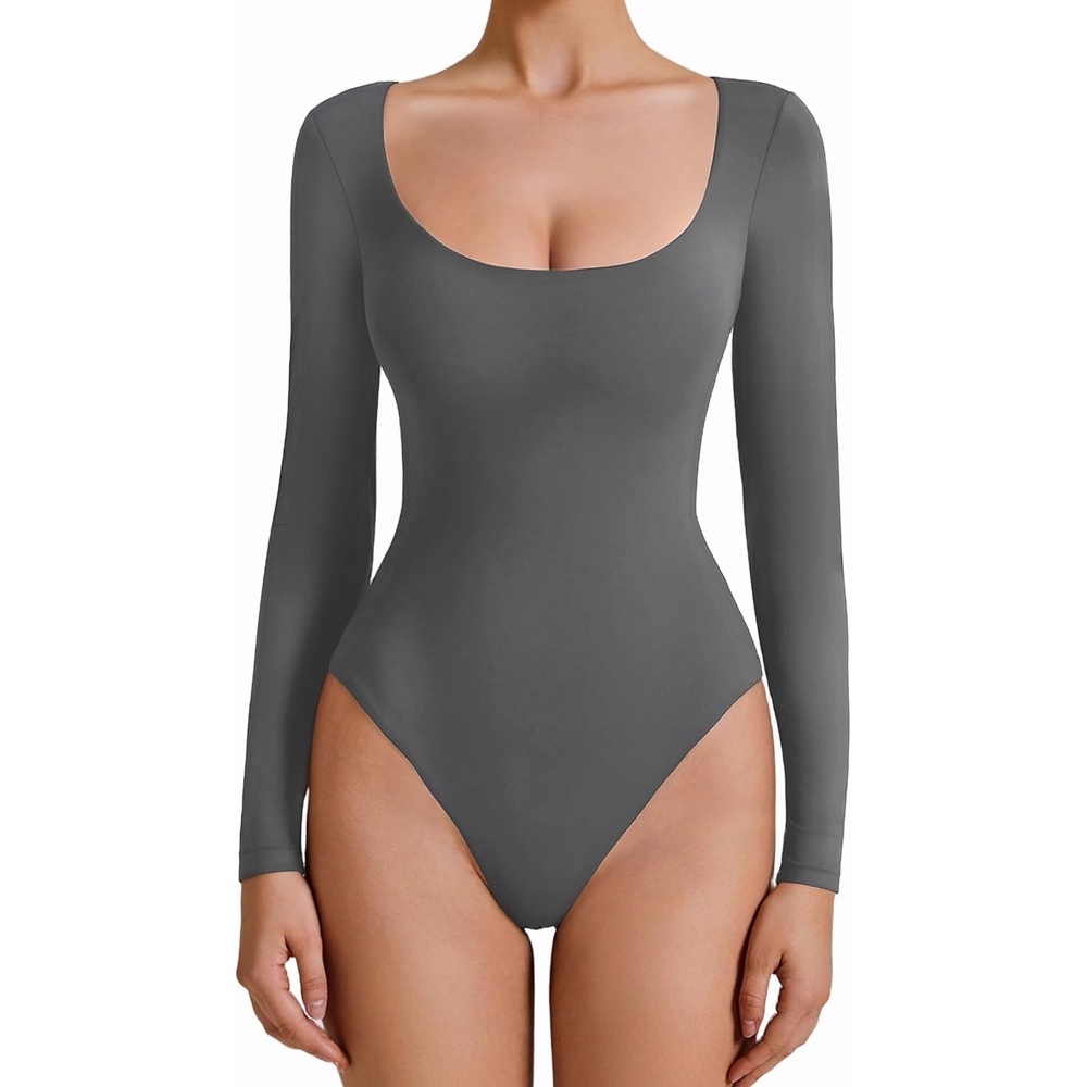 image:imageAvidlove Bodysuits for Women Long Sleeve Body Suits Womens Scoop Neck Bodysuit Double Lined TopsDark Gray
