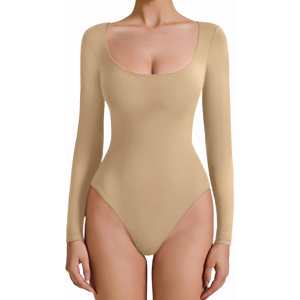 image:imageAvidlove Bodysuits for Women Long Sleeve Body Suits Womens Scoop Neck Bodysuit Double Lined TopsKhaki