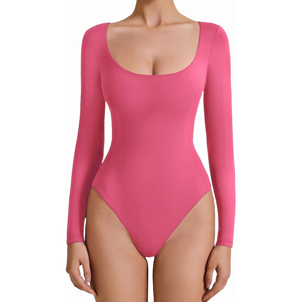 image:imageAvidlove Bodysuits for Women Long Sleeve Body Suits Womens Scoop Neck Bodysuit Double Lined TopsRose Red