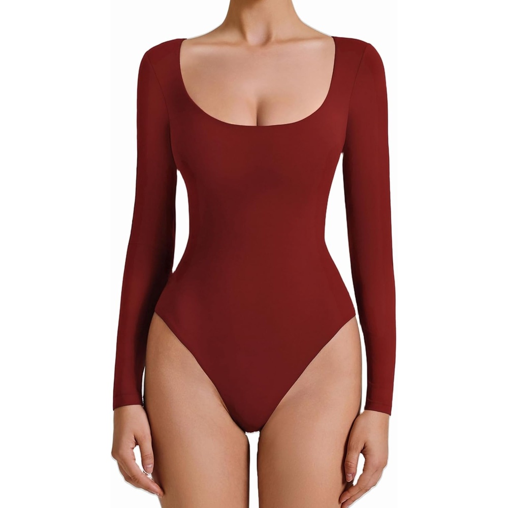 image:imageAvidlove Bodysuits for Women Long Sleeve Body Suits Womens Scoop Neck Bodysuit Double Lined TopsWine Red