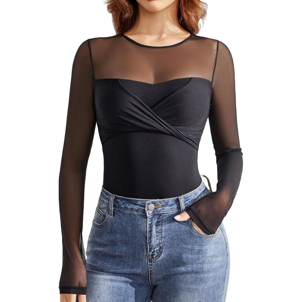 image:imageAvidlove Bodysuits for Women Long Sleeve Crew Neck Body Suit One Piece Sheer Leotard Twist Knot Going Out TopsBlack