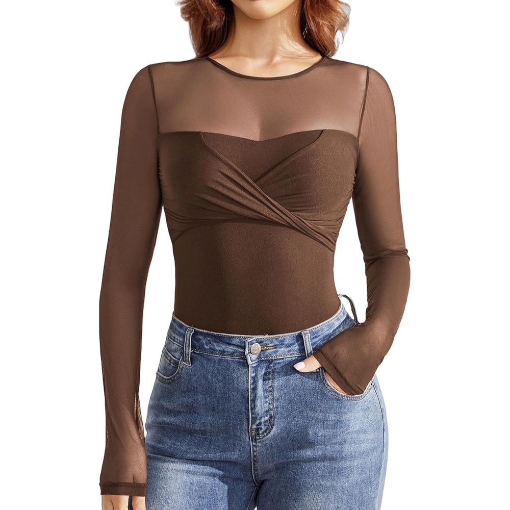 image:imageAvidlove Bodysuits for Women Long Sleeve Crew Neck Body Suit One Piece Sheer Leotard Twist Knot Going Out TopsBrown